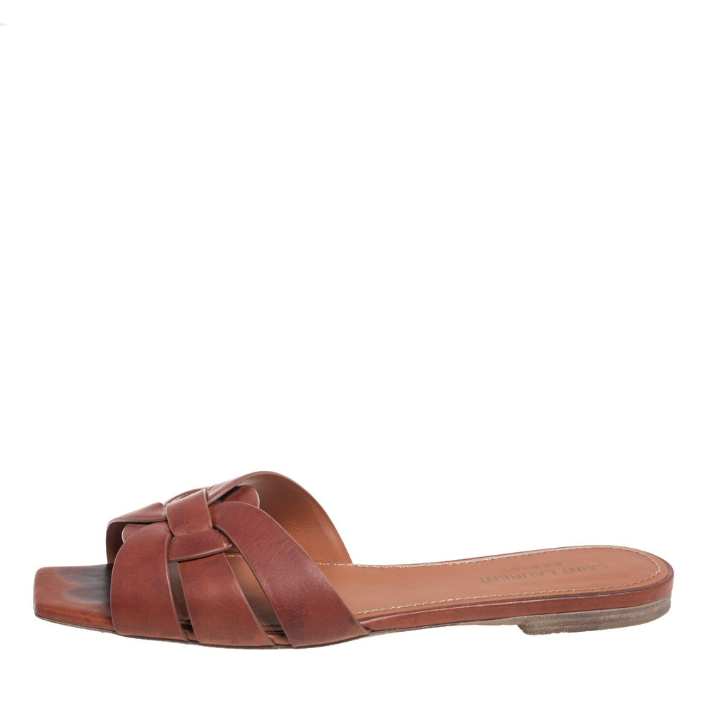 

Saint Laurent Brown Leather Tribute Flat Slides Size