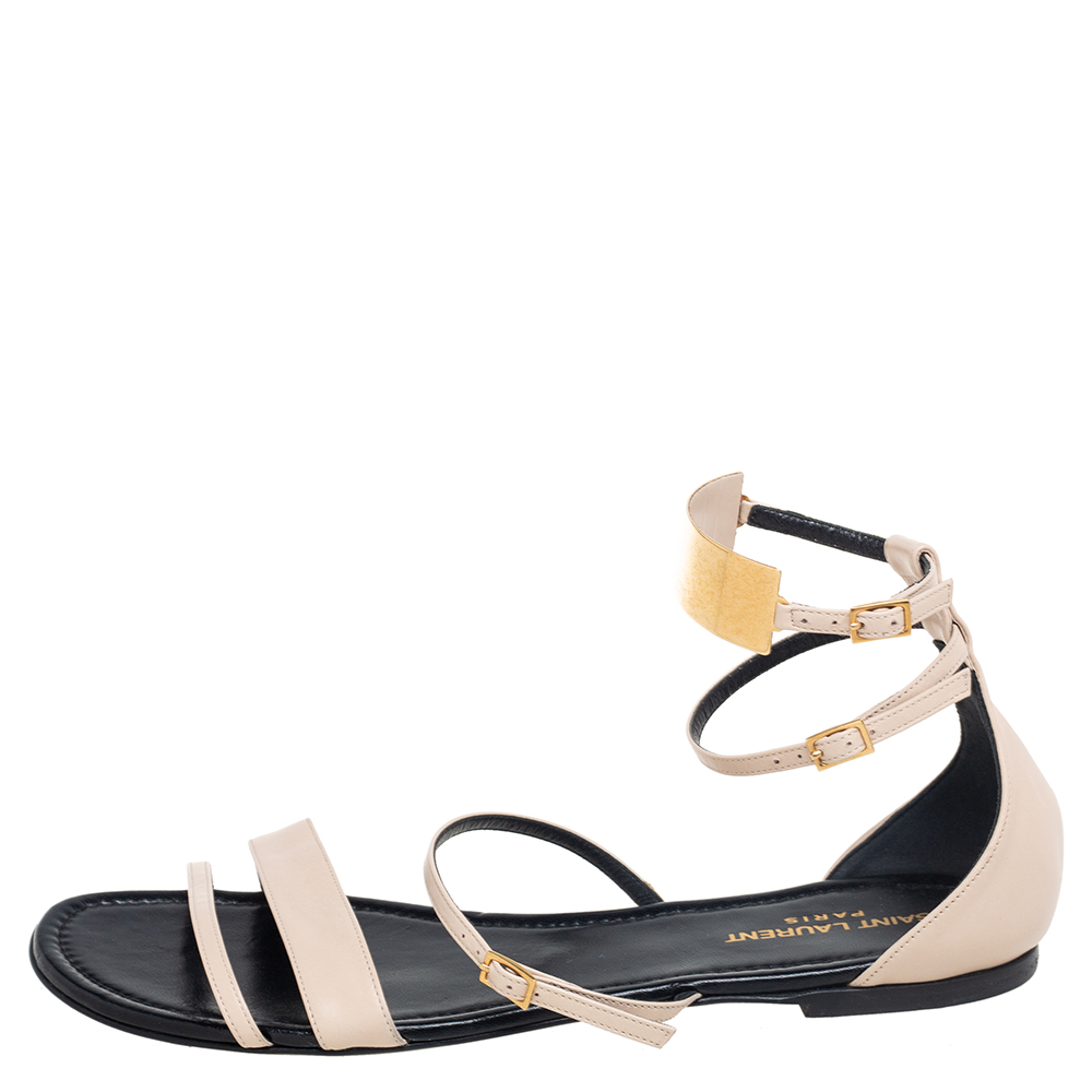 

Saint Laurent Beige Leather Janis Ankle Strap Flats Size