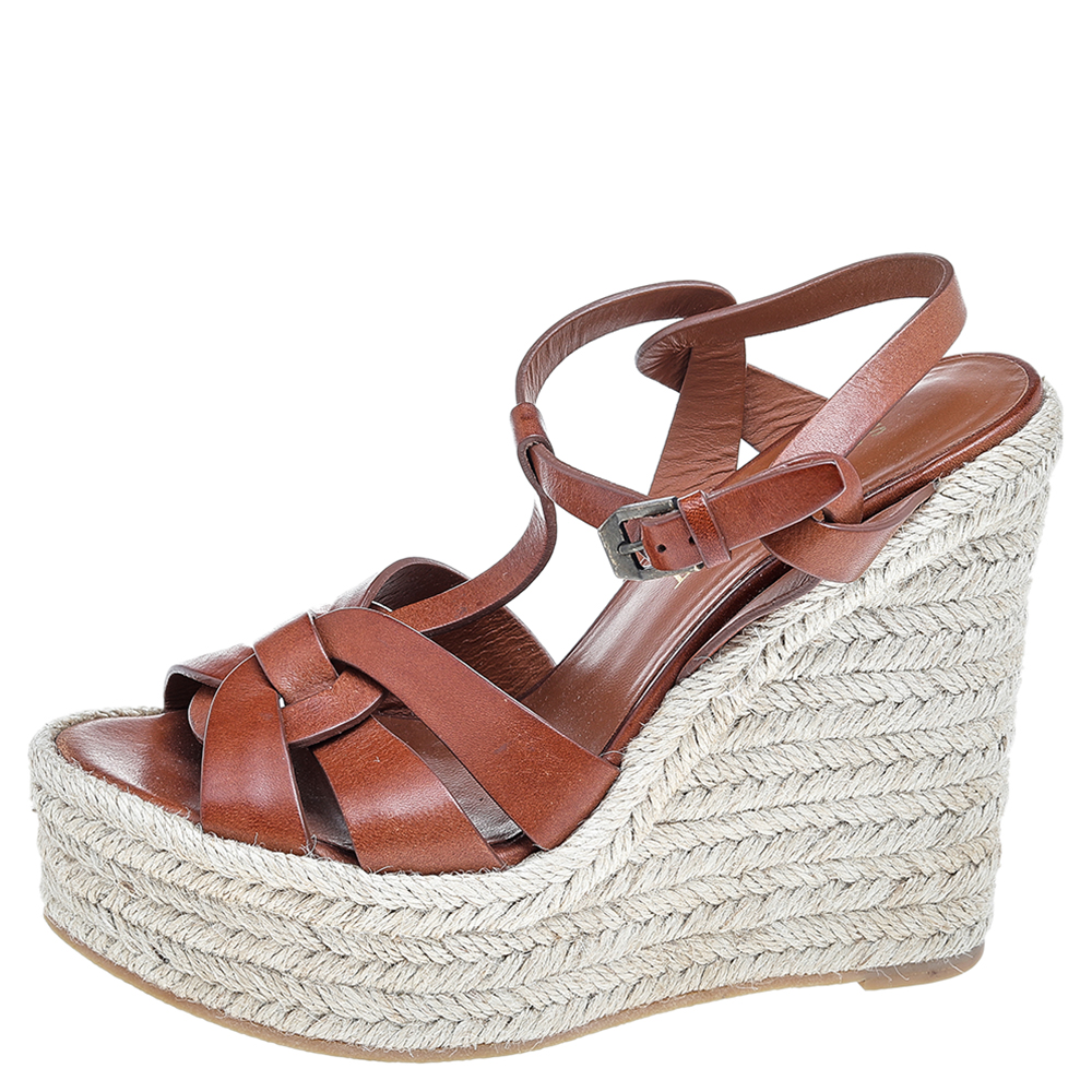 

Saint Laurent Tan Leather Tribute Espadrilles Platform Wedge Sandals Size