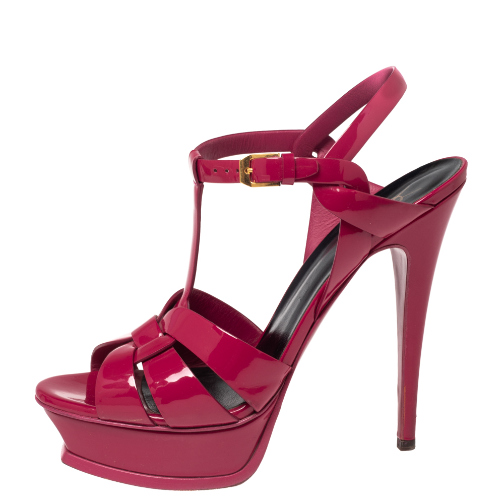 

Saint Laurent Pink Patent Leather Tribute Platform Ankle Strap Sandals Size