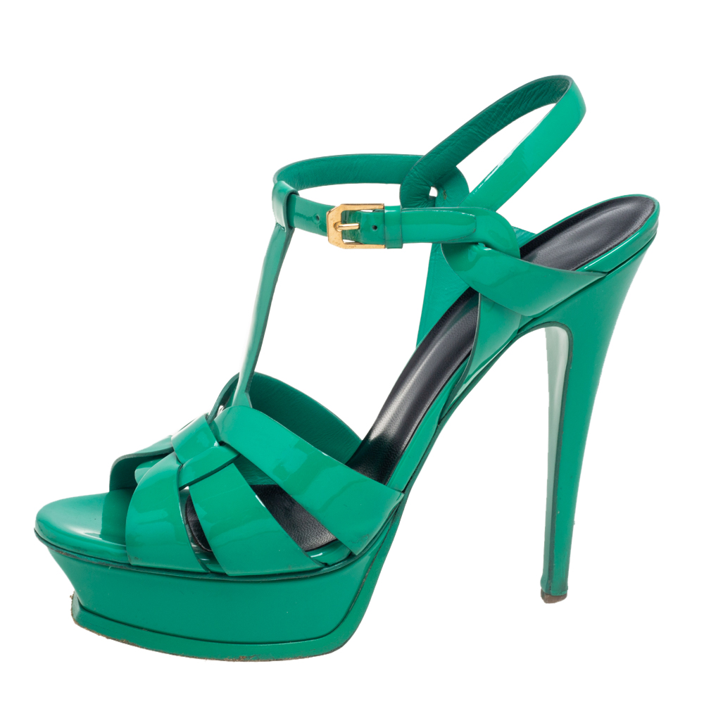

Saint Laurent Green Patent Leather Tribute Platform Ankle Strap Sandals Size 39.5
