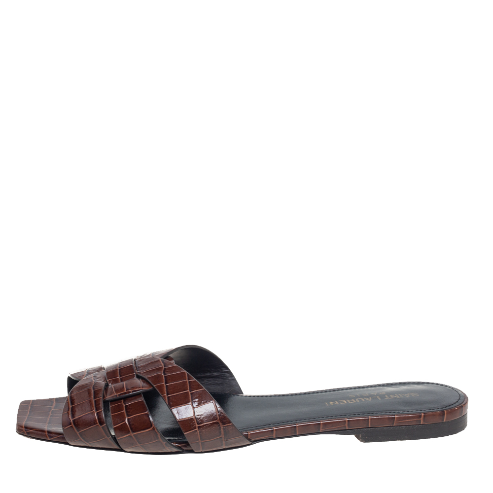 

Saint Laurent Brown Croc Embossed Leather Tribute Flats Size
