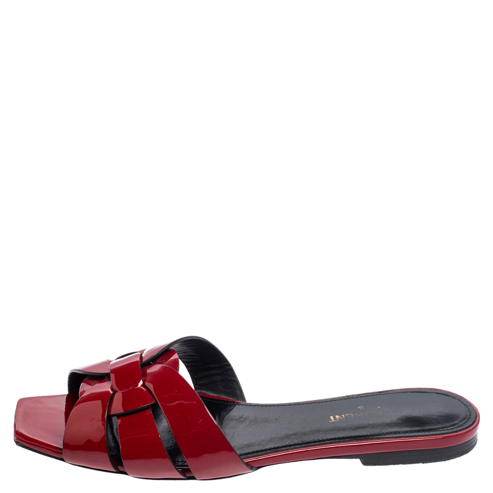 

Saint Laurent Red Patent Leather Tribute Flat Slides Sandals Size