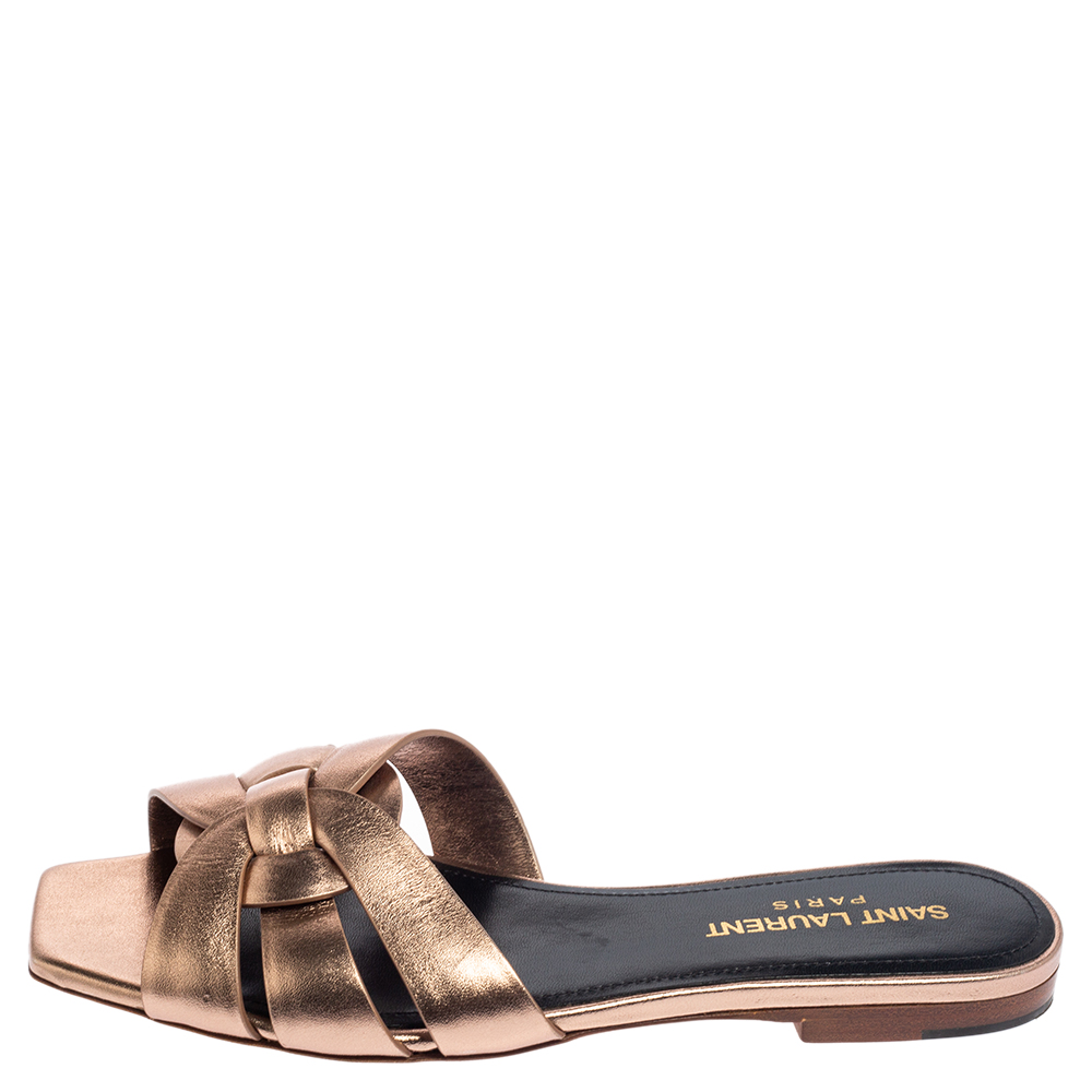 

Saint Laurent Metallic Leather Tribute Slides Sandals Size
