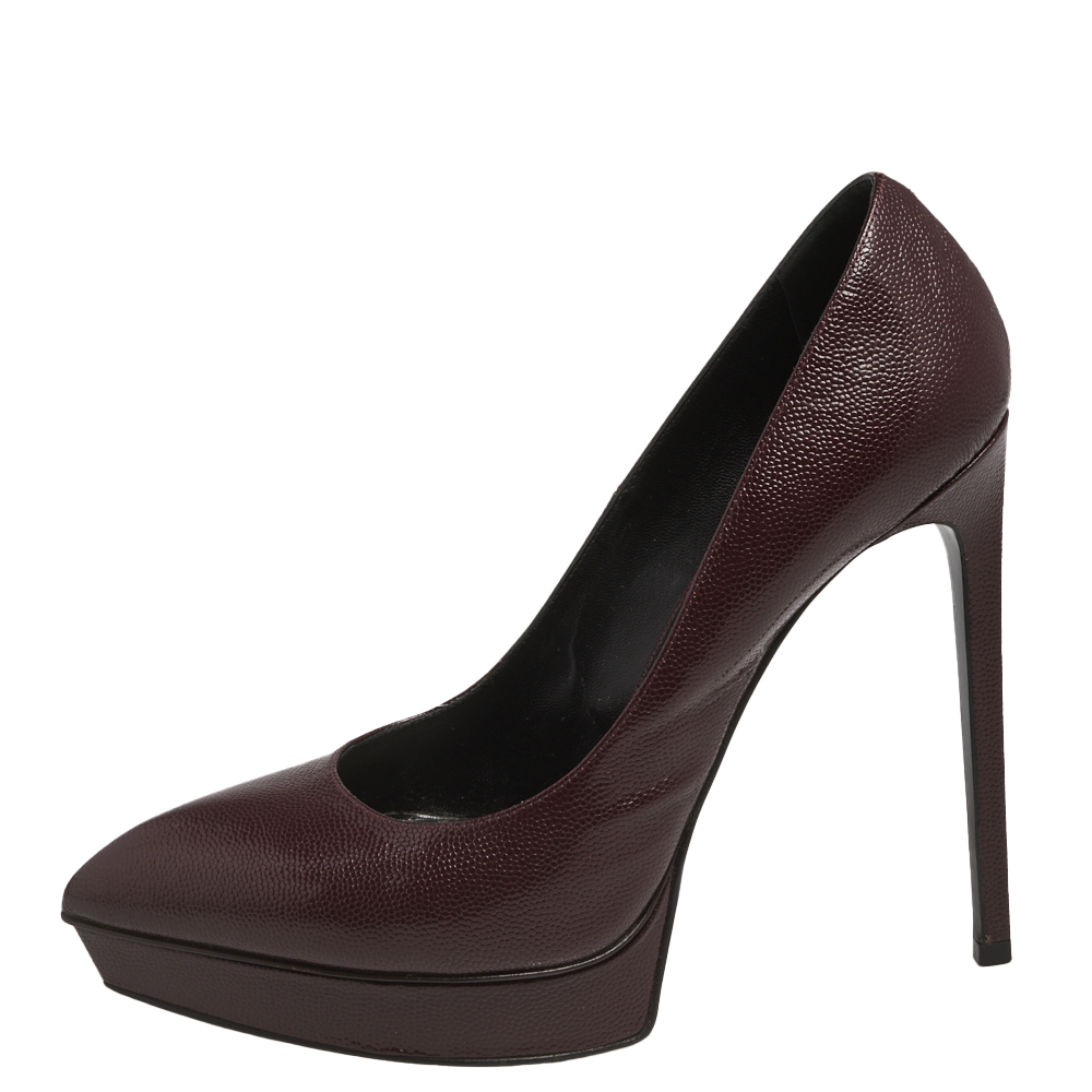 

Saint Laurent Burgundy Lizard Embossed Leather Pointed Toe Platform Pumps Size