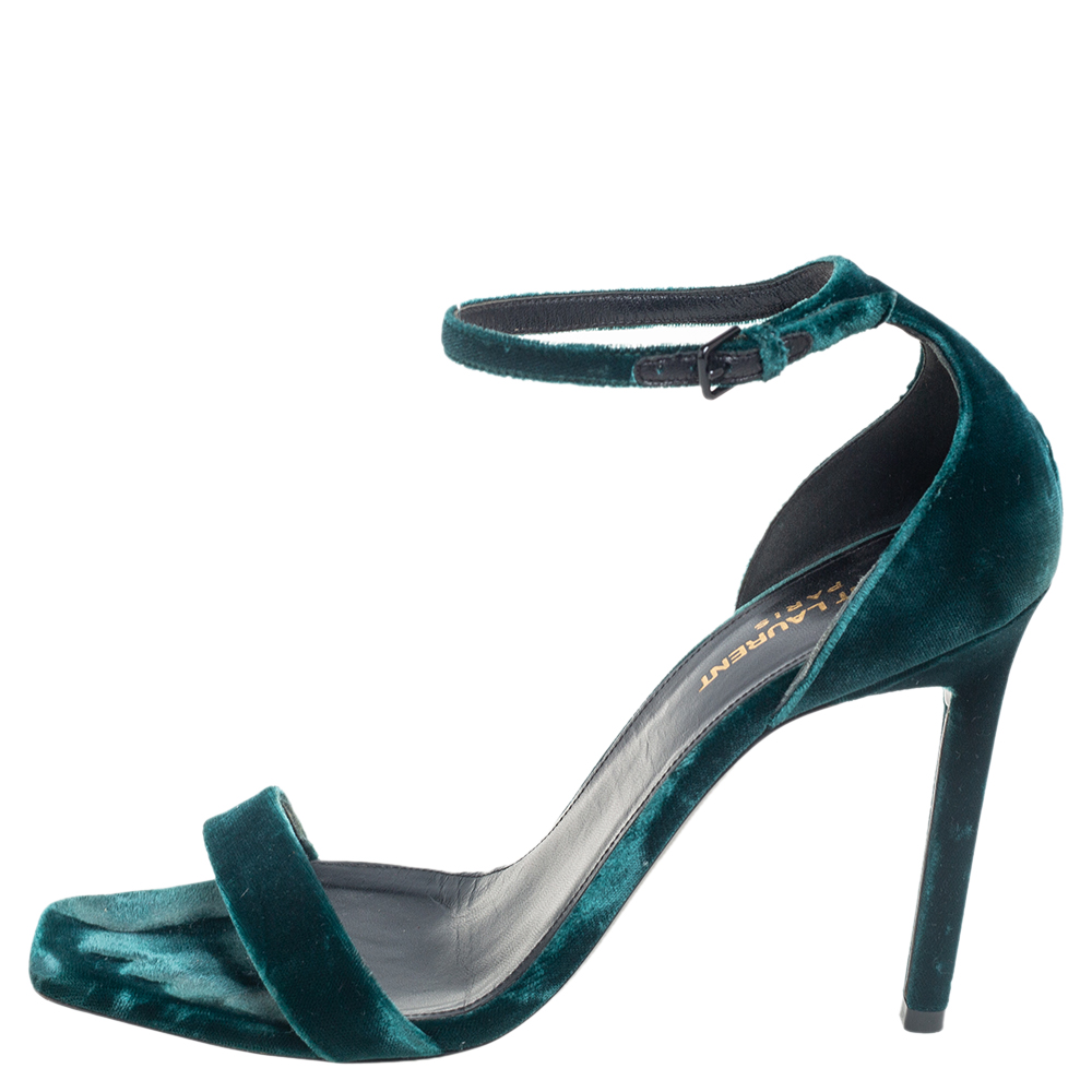 

Saint Laurent Emerald Green Velvet Ankle-Strap Sandals Size
