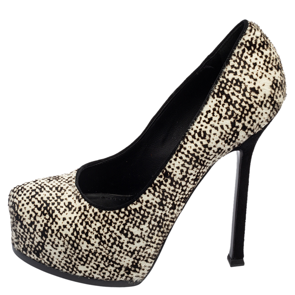 

Saint Laurent White/Brown Printed Calf Hair Platform Pumps Size