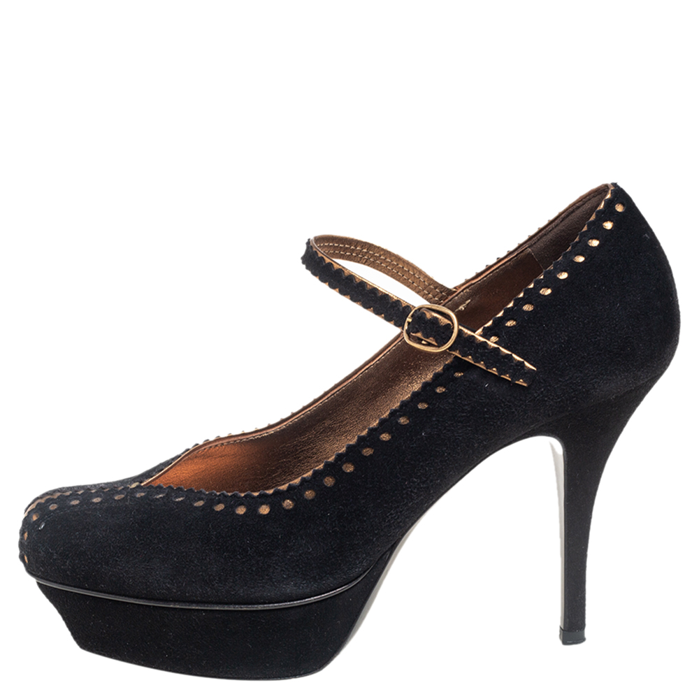 

Saint Laurent Black/Gold Brogue Suede and Leather Platform Pumps Size