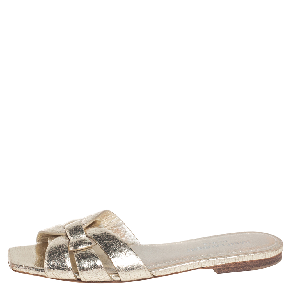 

Saint Laurent Gold Textured Leather Tribute Flat Slides Size