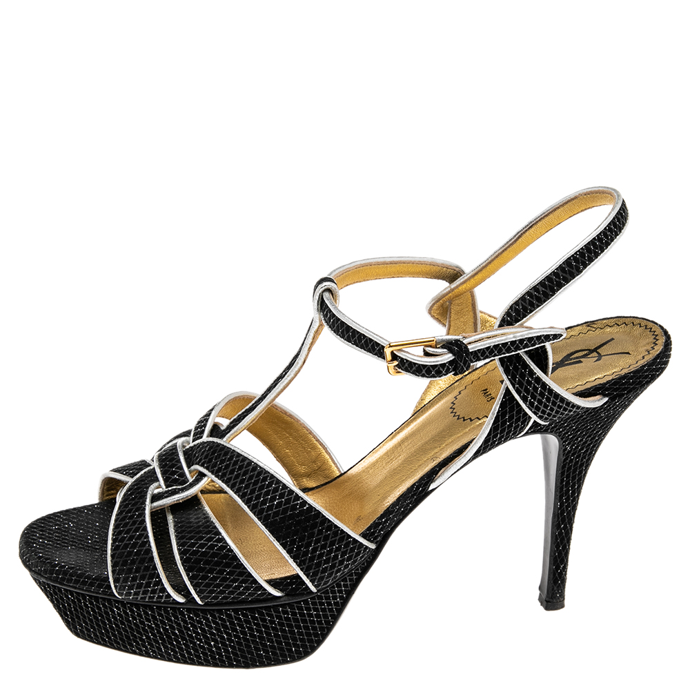 

Saint Laurent Black/Silver Textured Suede and Leather Tribute Platform Ankle-Strap Sandals Size