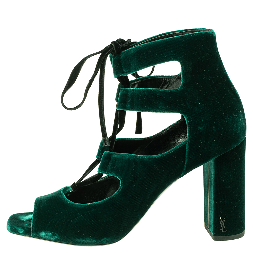 

Saint Laurent Green Velvet Loulou Lace up Sandals Size