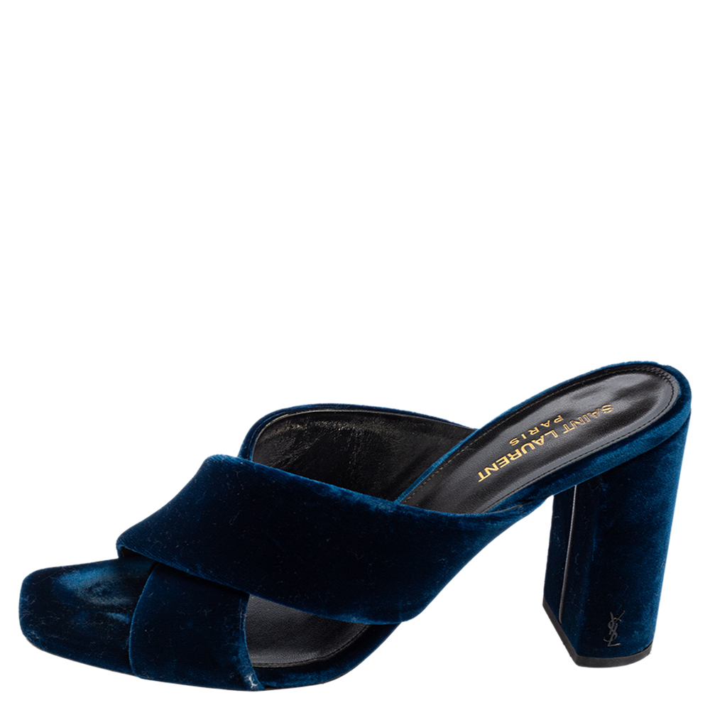 

Saint Laurent Navy Blue Velvet LouLou Slide Sandals Size