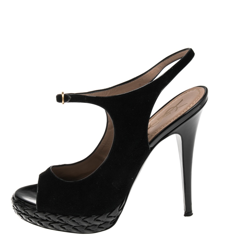 

Saint Laurent Black Suede And Patent Ankle Strap Platform Sandals Size