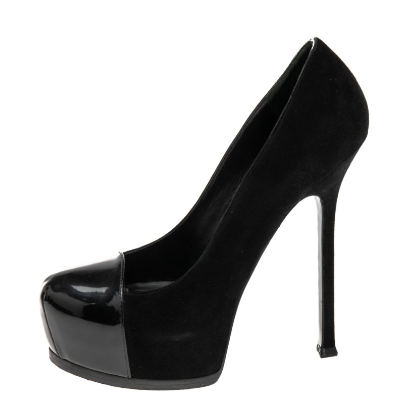 

Saint Laurent Black Suede and Patent Leather Tribtoo Platform Pumps Size