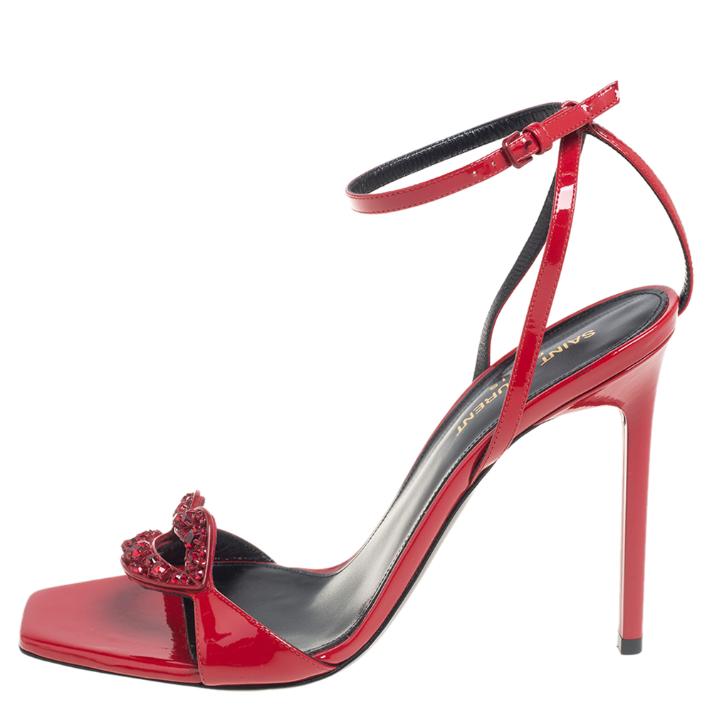 

Saint Laurent Red Patent Leather Lips Embellished Ankle-Strap Sandals Size