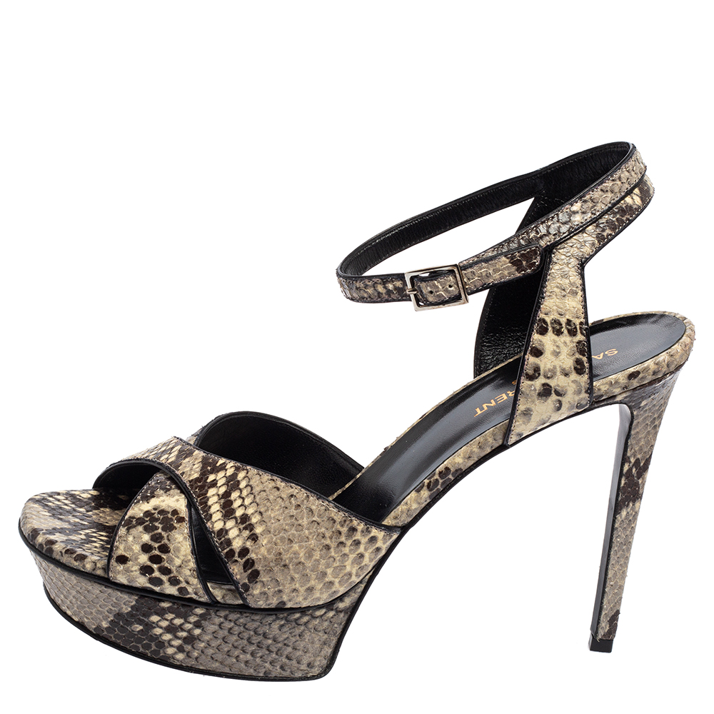 

Saint Laurent Grey/Black Python Embossed Leather Bianca Platform Sandals Size