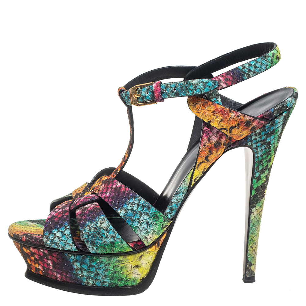 

Saint Laurent Multicolor Rainbow Python Embossed Leather Tribute Platform Ankle Strap Sandals Size