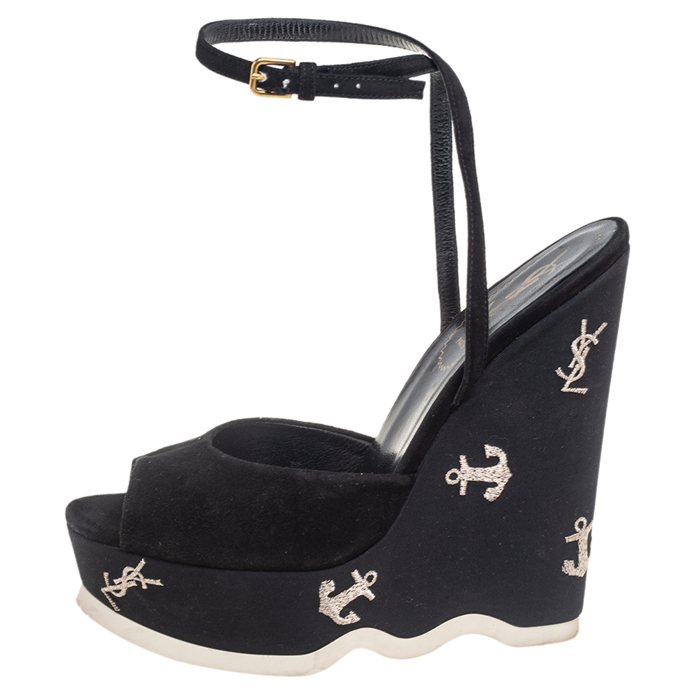 

Saint Laurent Black Suede Platform Ankle Strap Sandals Size