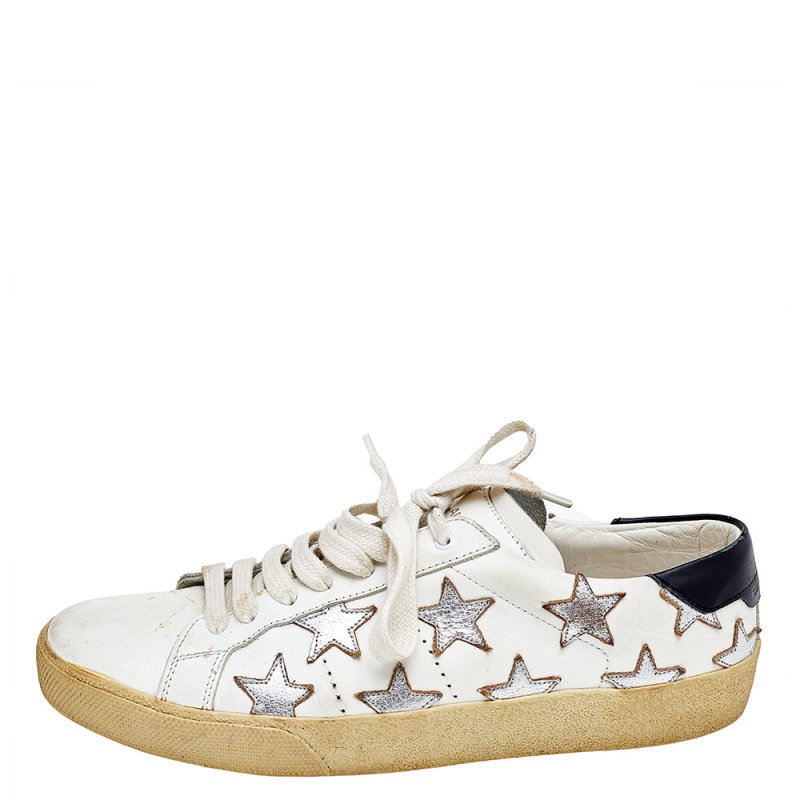 

Saint Laurent White/Silver Leather Court Classic Star Low Top Sneakers Size