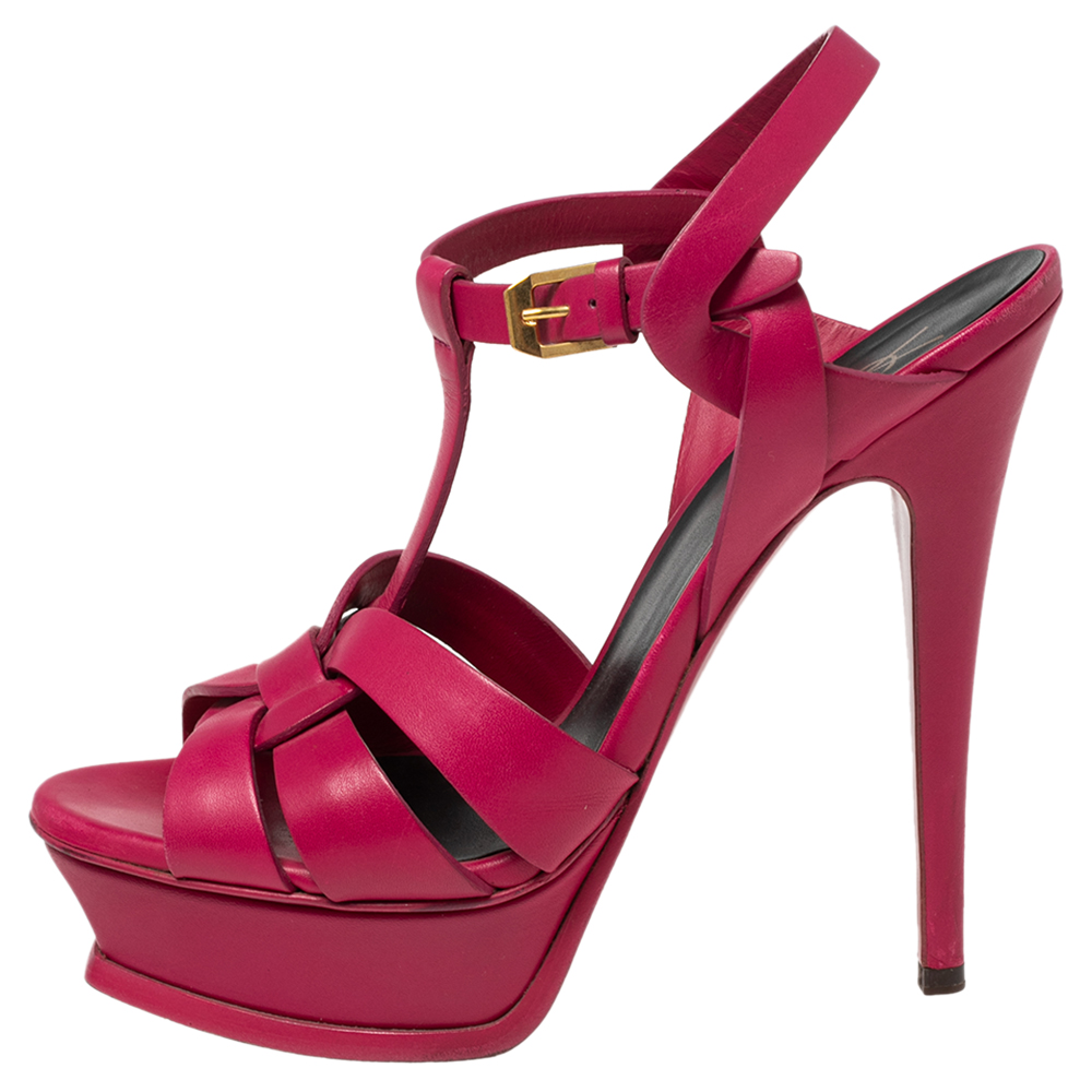 

Saint Laurent Pink Leather Tribute Platform Ankle-Strap Sandals Size