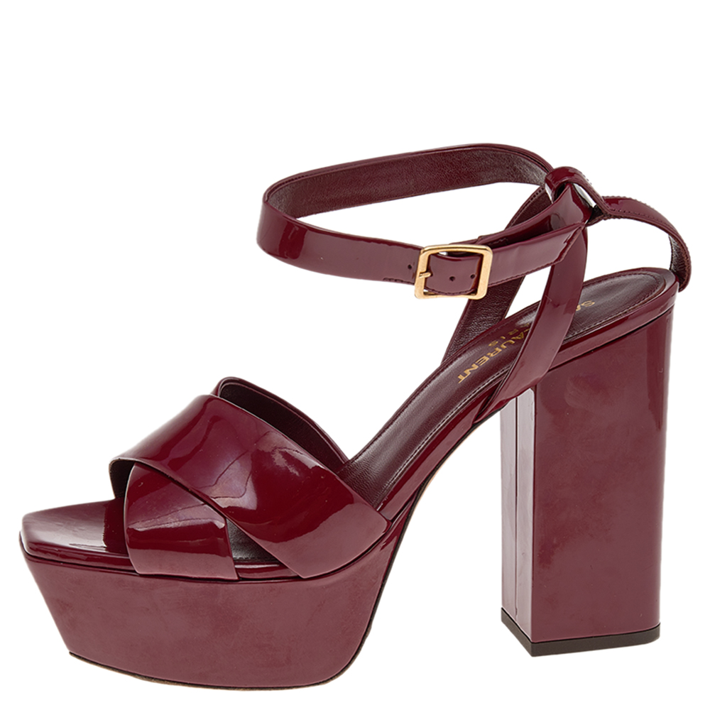 

Saint Laurent Burgundy Patent Leather Bianca Ankle Strap Platform Sandals Size