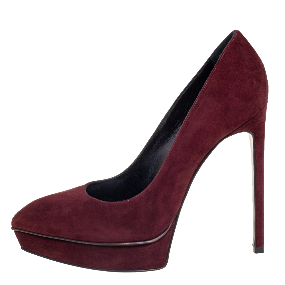 

Saint Laurent Burgundy Suede Janis Pointed-Toe Platform Pumps Size