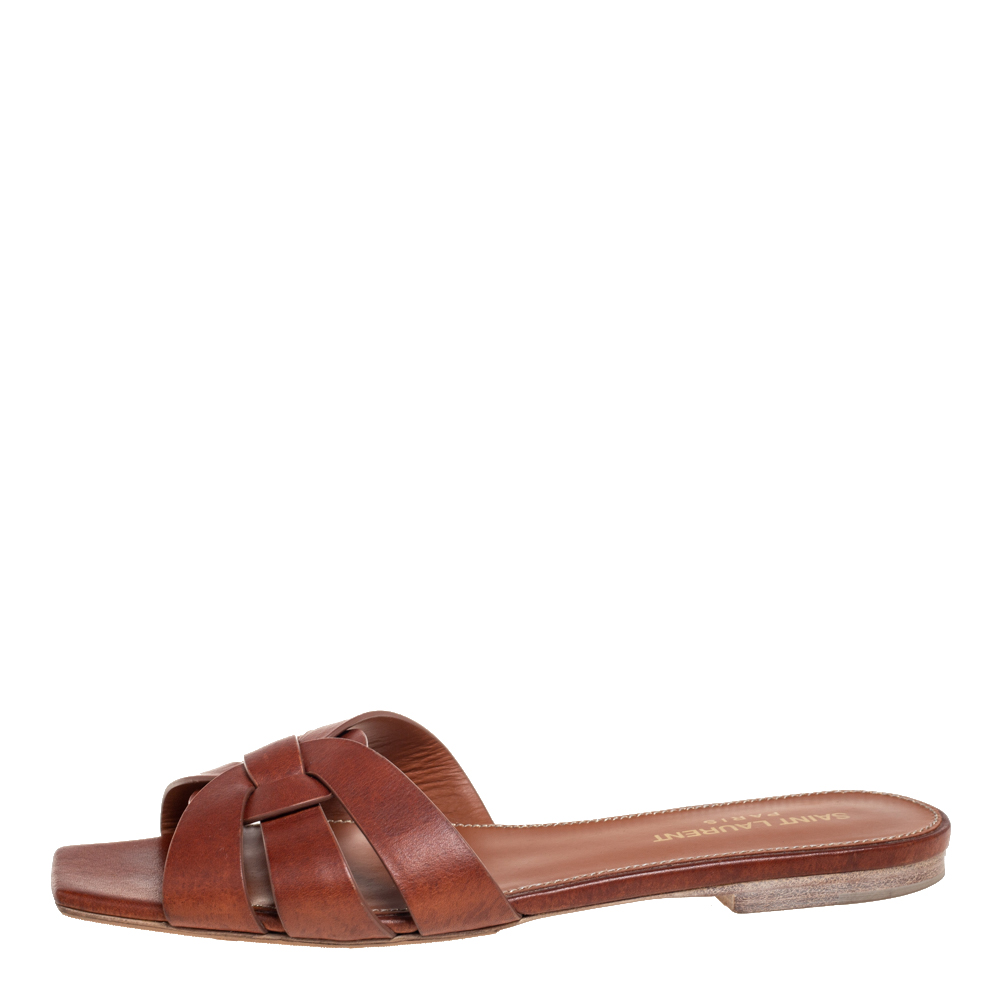 

Saint Laurent Brown Leather Tribute Flat Slides Size