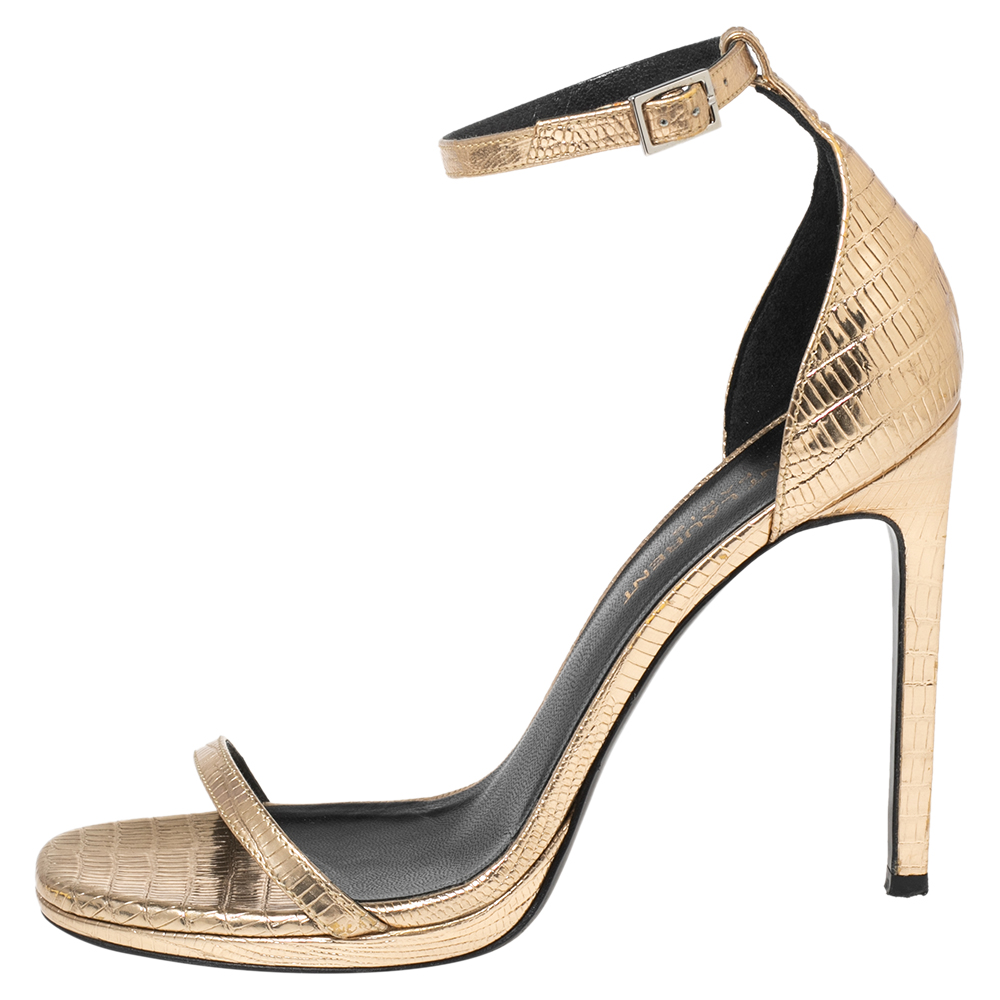 

Saint Laurent Metallic Gold Lizard Embossed Leather Jane Ankle-Strap Sandals Size