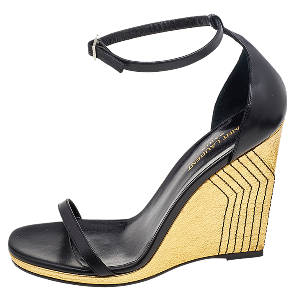 

Saint Laurent Black Leather Ankle Strap Wedge Sandals Size