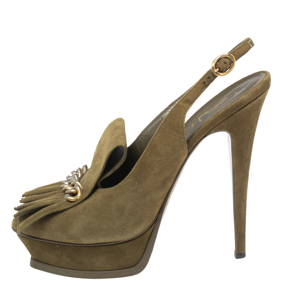 

Saint Laurent Olive Green Suede Fringe Chain Detail Platform Slingback Sandals Size