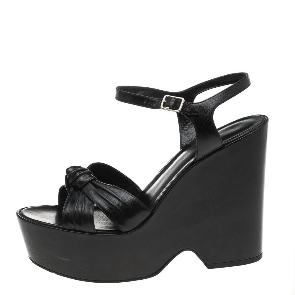 

Saint Laurent Black Leather Candy Knotted Wedge Platform Sandals Size