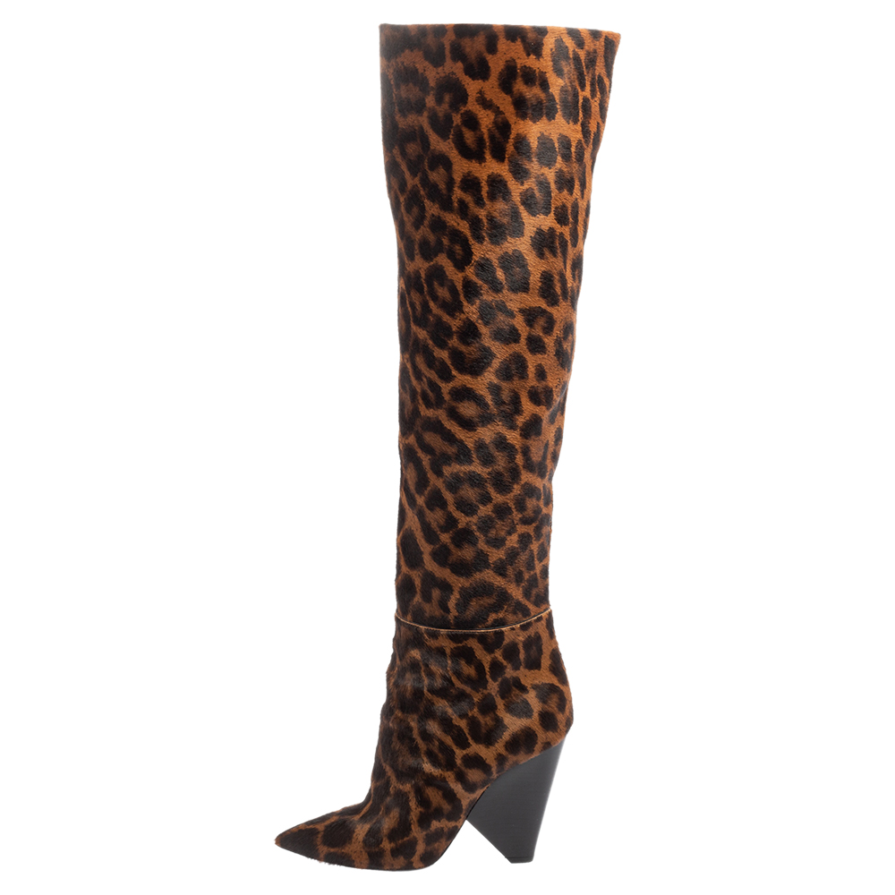 

Saint Laurent Tan/Black Animal Print Calf Hair Pointed-Toe Over The Knee Boots Size