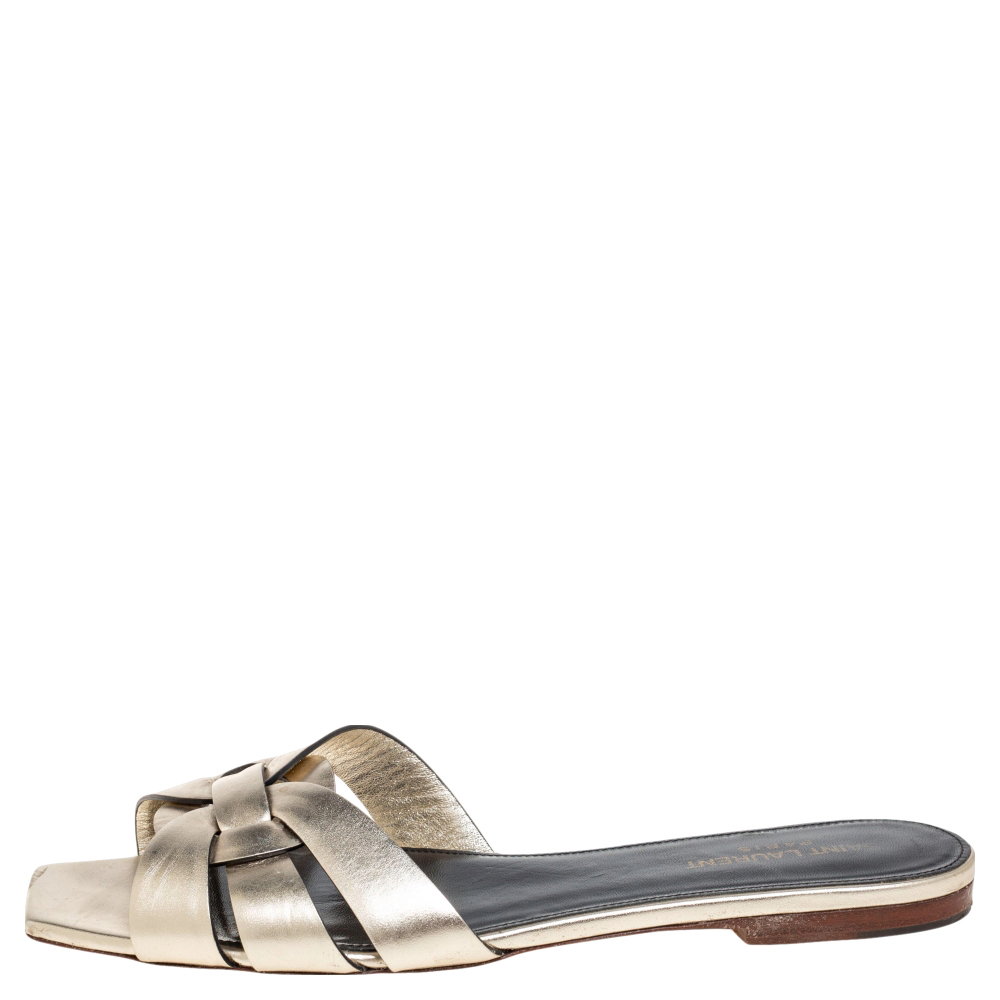

Saint Laurent Dull Gold Leather Tribute Flat Slides Size