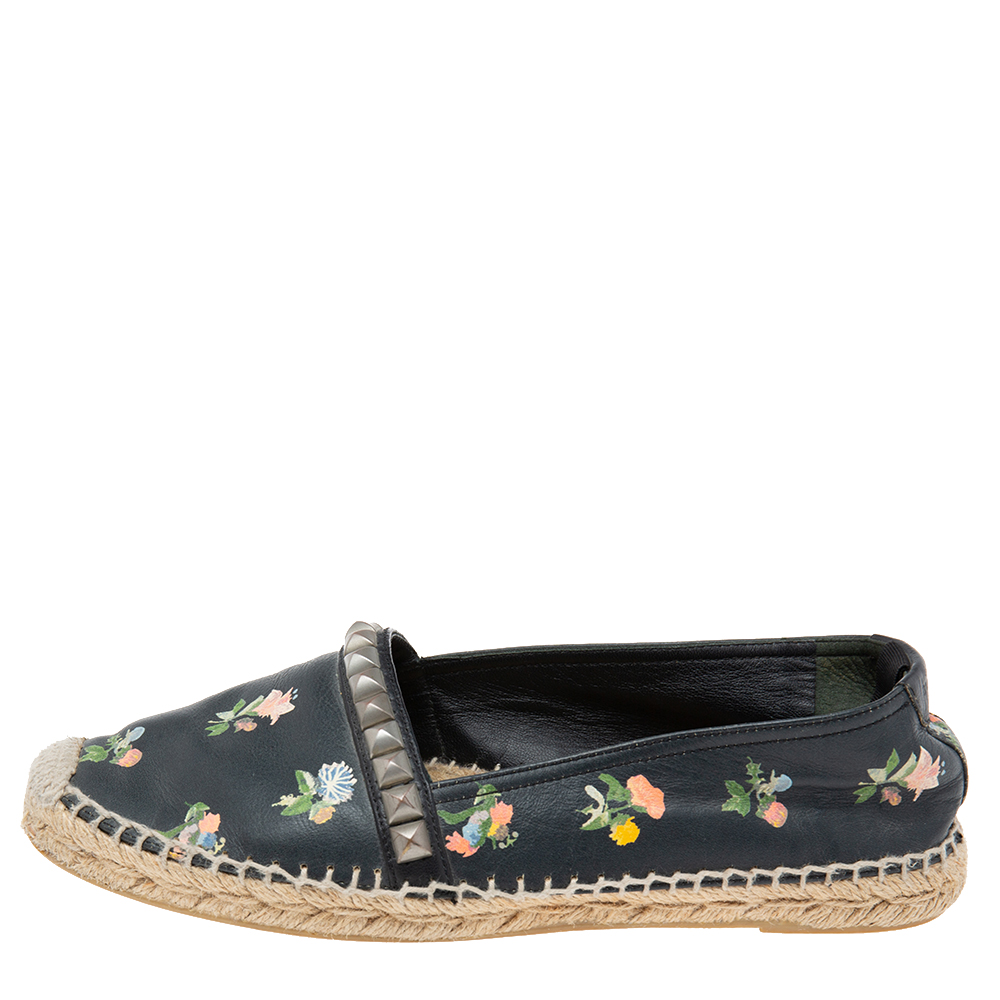 

Saint Laurent Black Flower Print Studded Espadrille Flats Size