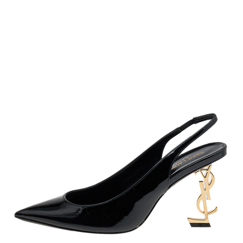 

Saint Laurent Black Patent Leather Opyum Slingback Sandals Size