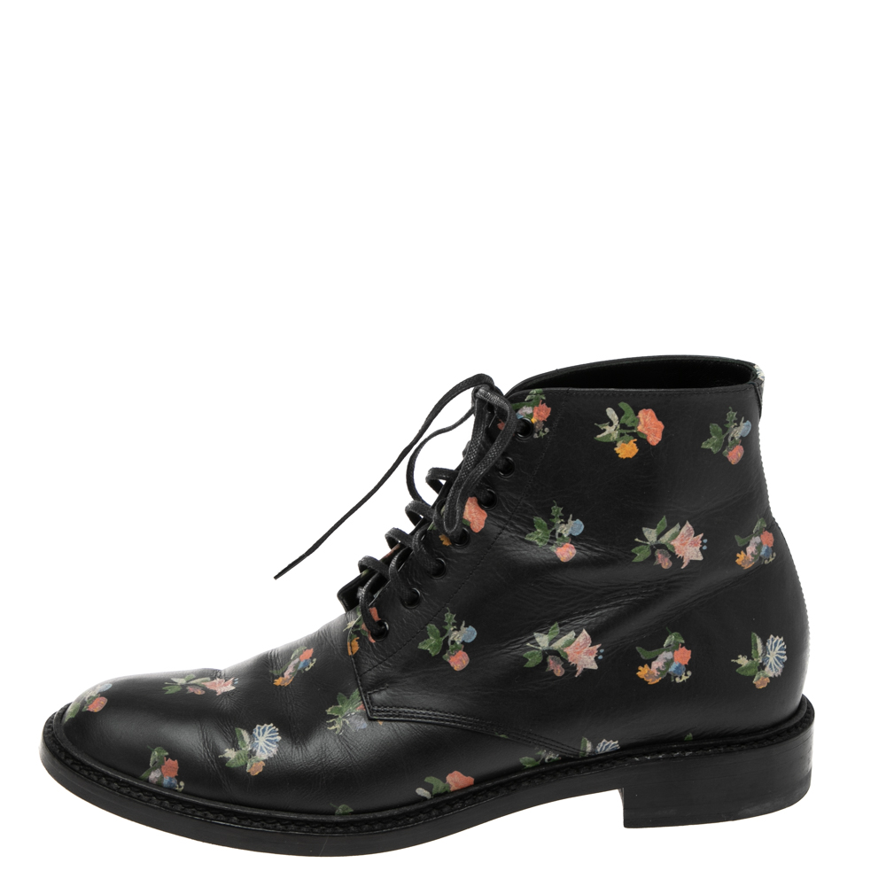 

Saint Laurent Black Leather Flower Print Ankle Boots Size