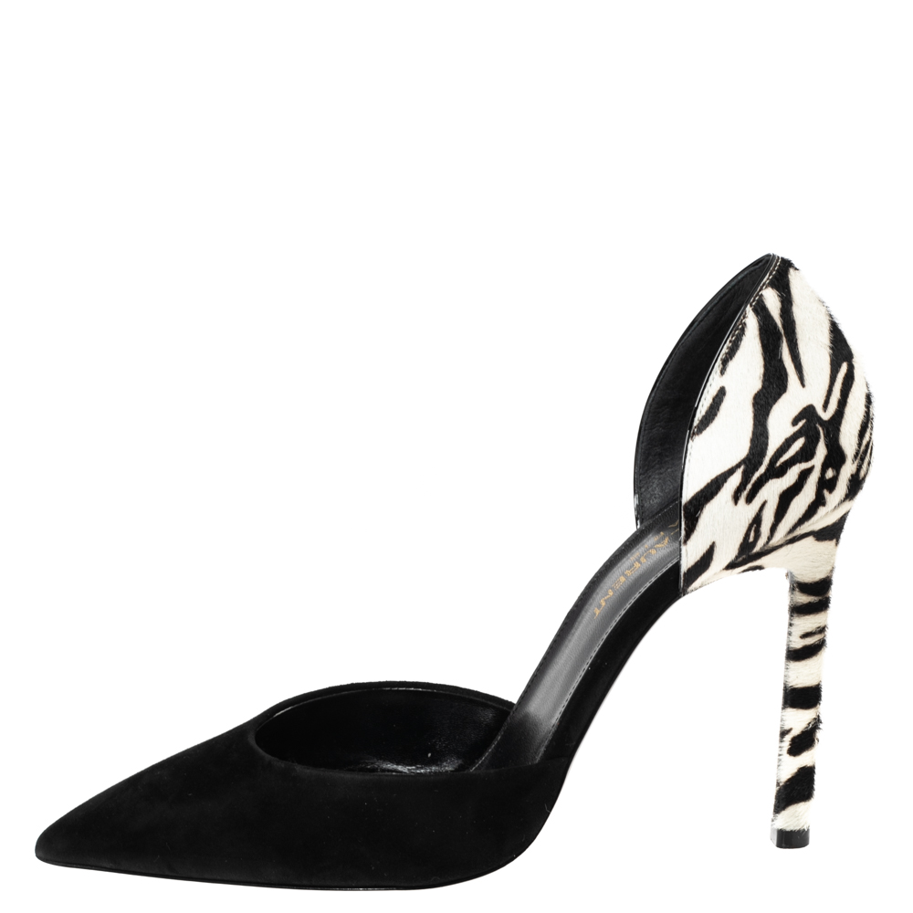 

Saint Laurent Black/White Pony Hair And Suede D'orsay Pointed Toe Pumps Size