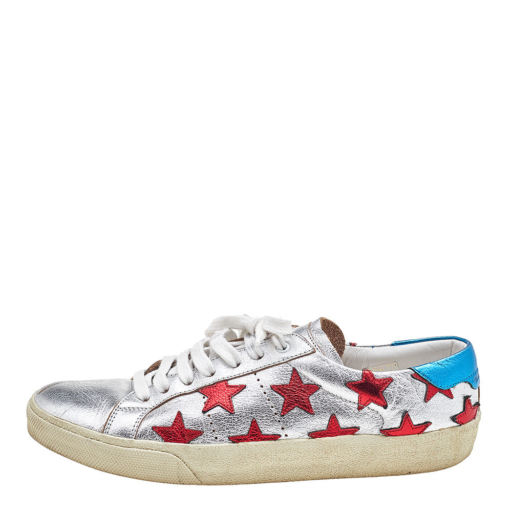 

Saint Laurent Metallic Silver/Blue Leather Court Star Low Top Sneakers Size