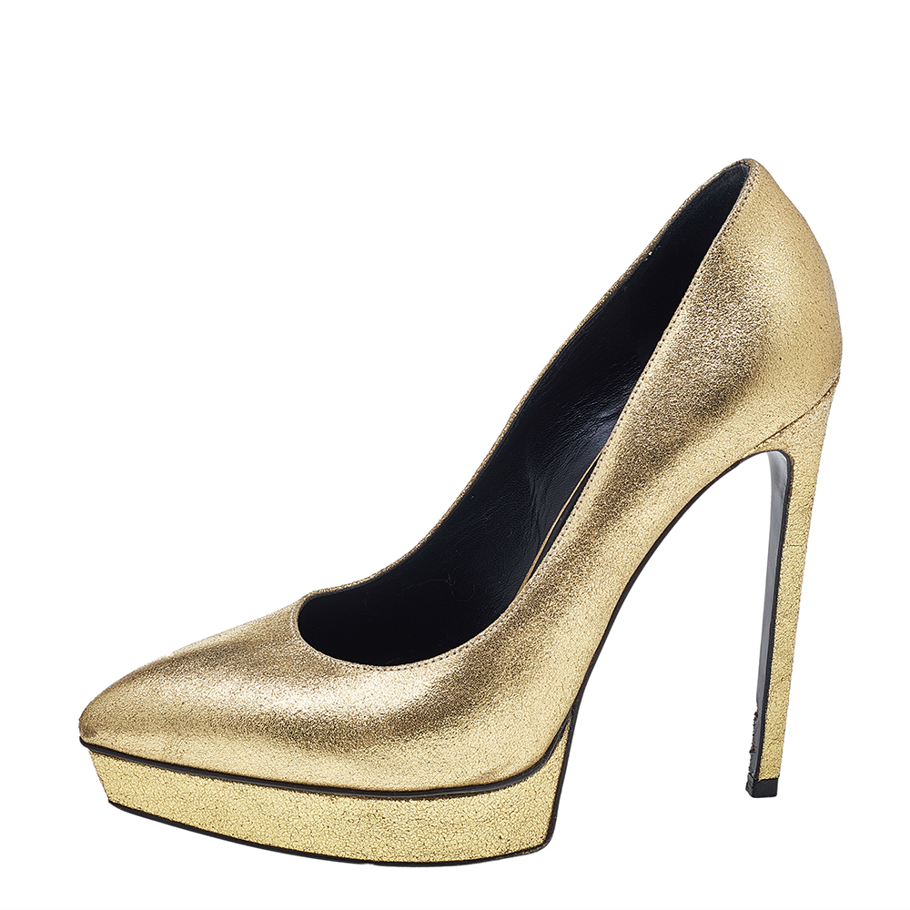 

Saint Laurent Gold Glitter Leather Janis Pointed Toe Pumps Size