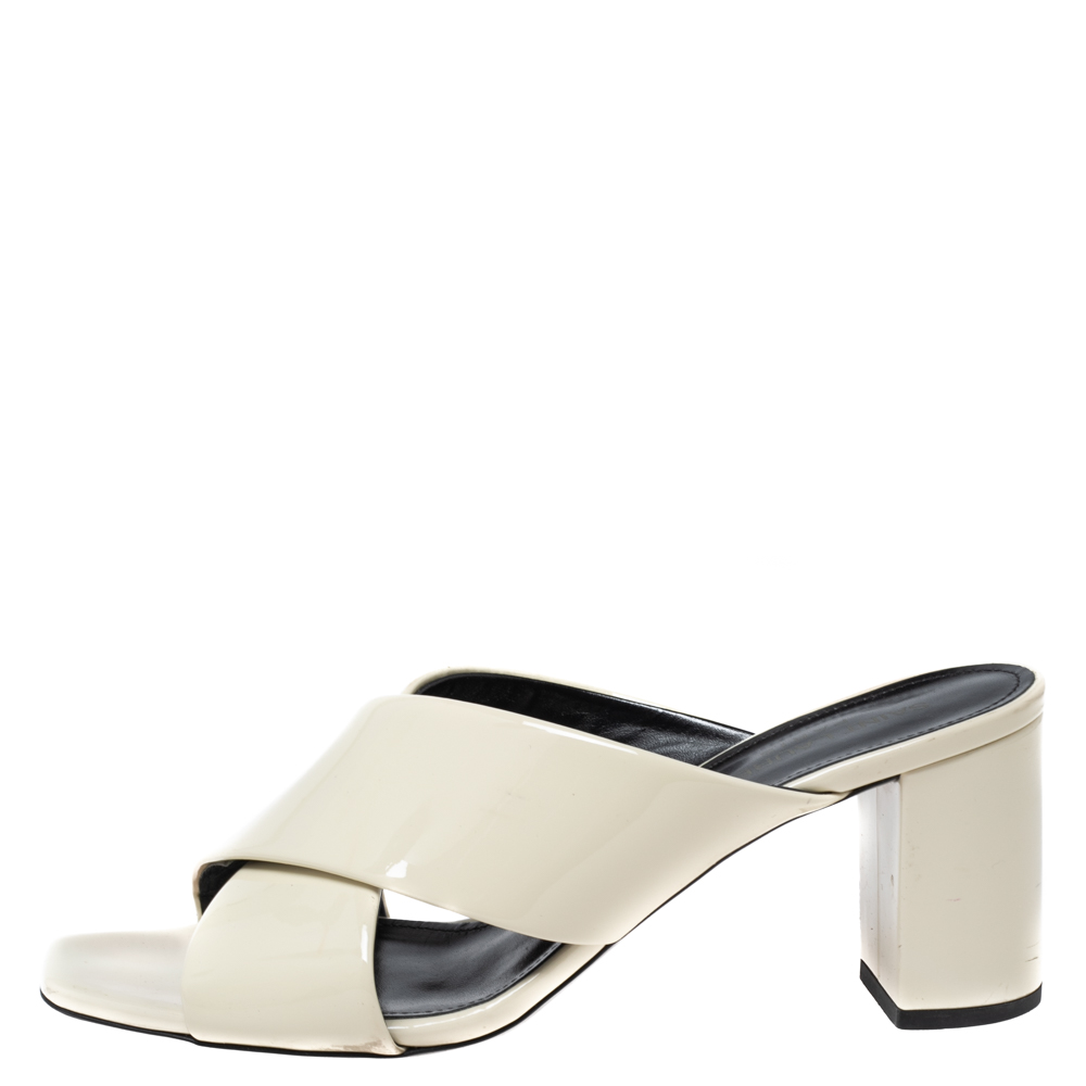 

Saint Laurent Cream Patent Leather Loulou Criss Cross Slide Sandals Size, White