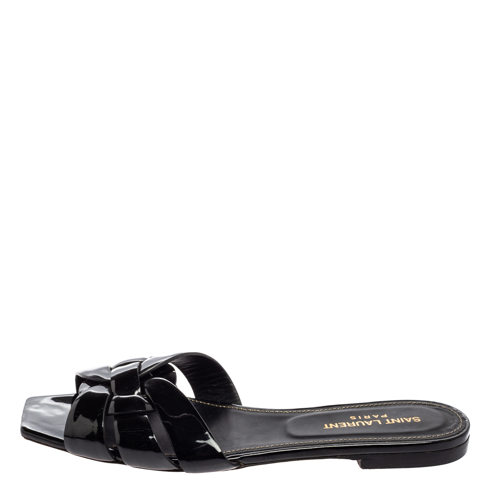 

Saint Laurent Black Patent Leather Tribute Flat Sandals Size