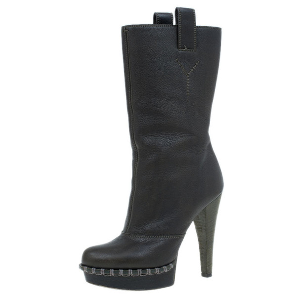Pre Owned Saint Laurent Paris Brown Leather Coleen Platform Mid Calf Boots Size 37