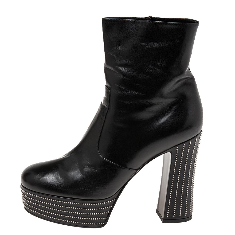 

Saint Laurent Black Leather Embellished Ankle Length Boots Size