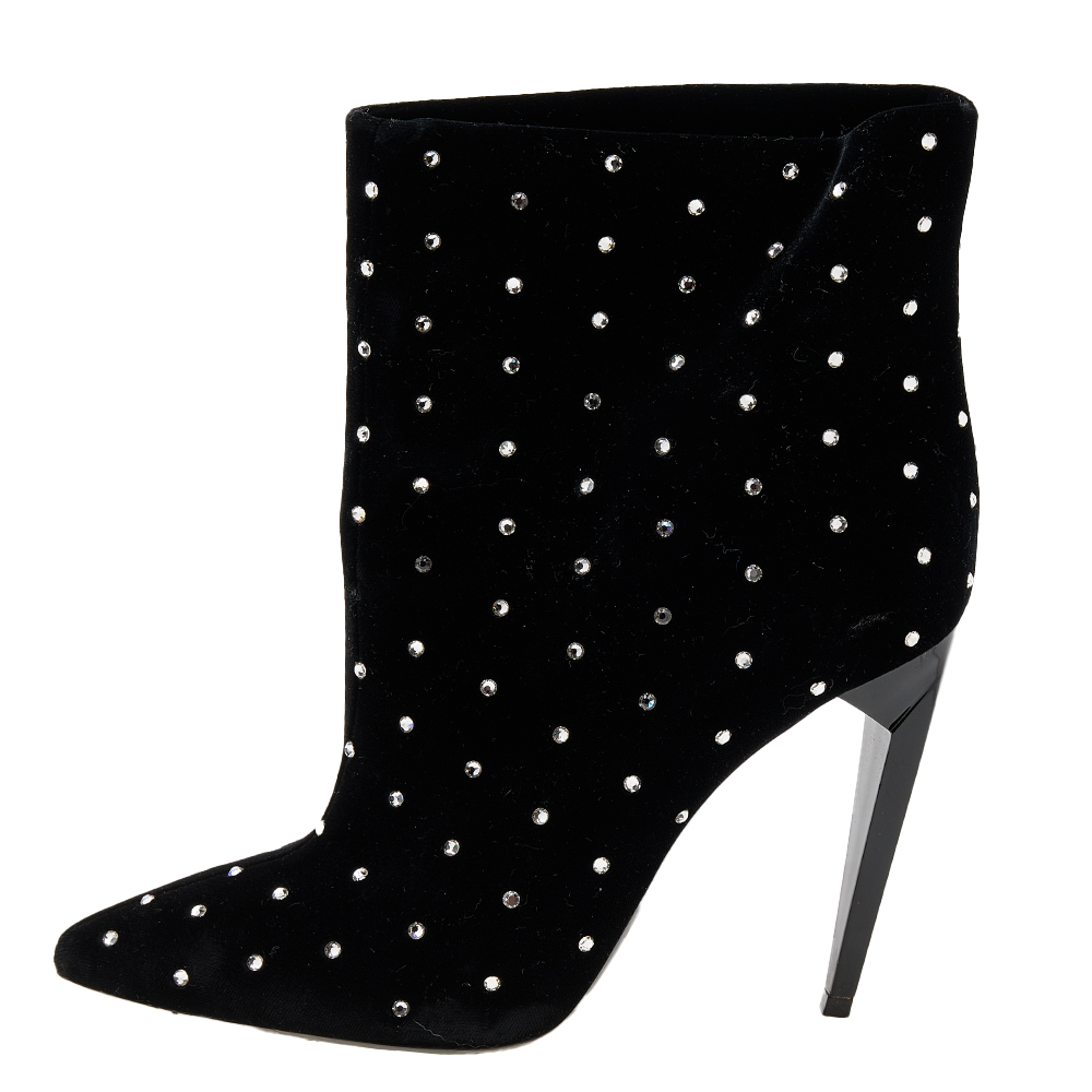 

Saint Laurent Black Velvet Crystal Embellished Freja Pointed Toe Ankle Boots Size