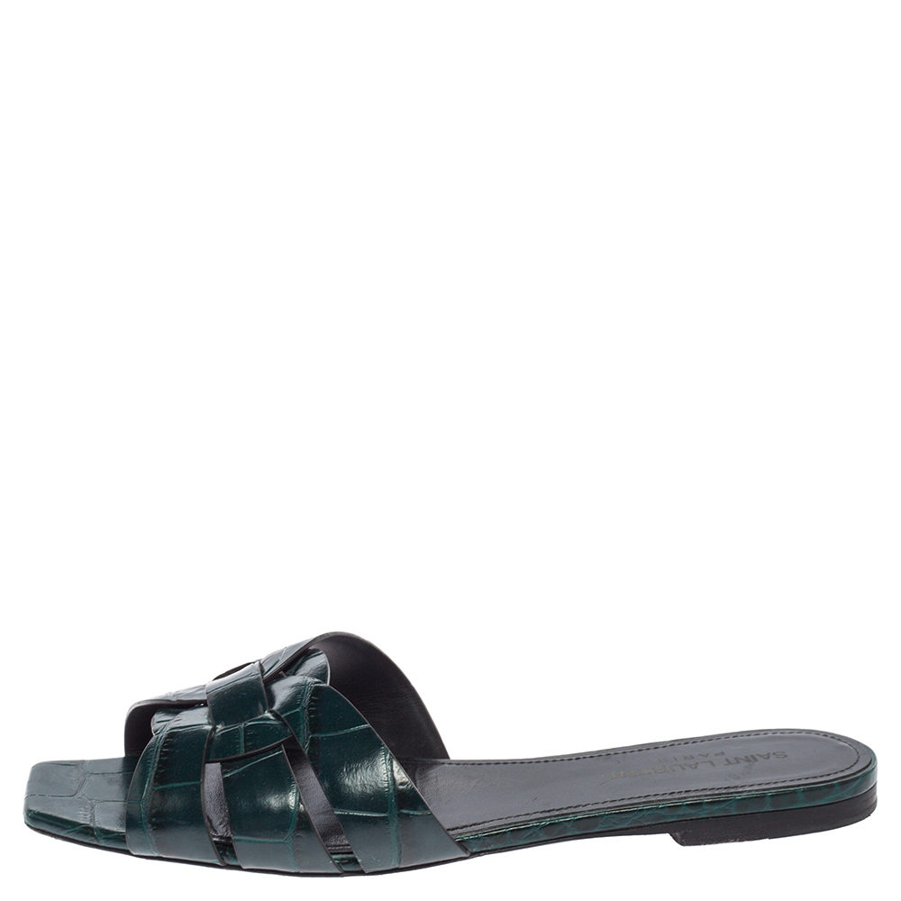 

Saint Laurent Dark Green Croc Embossed Leather Tribute Flats Size