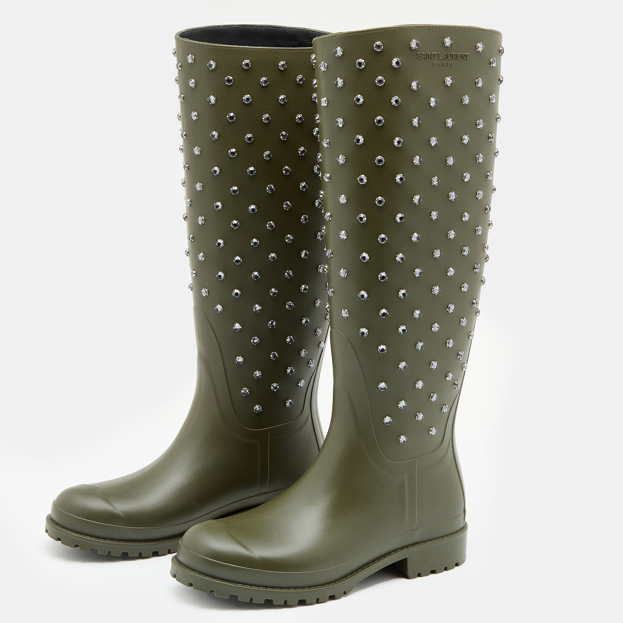 

Saint Laurent Dark Khaki Rubber Crystal Studded Festival Rain Boots Size, Green