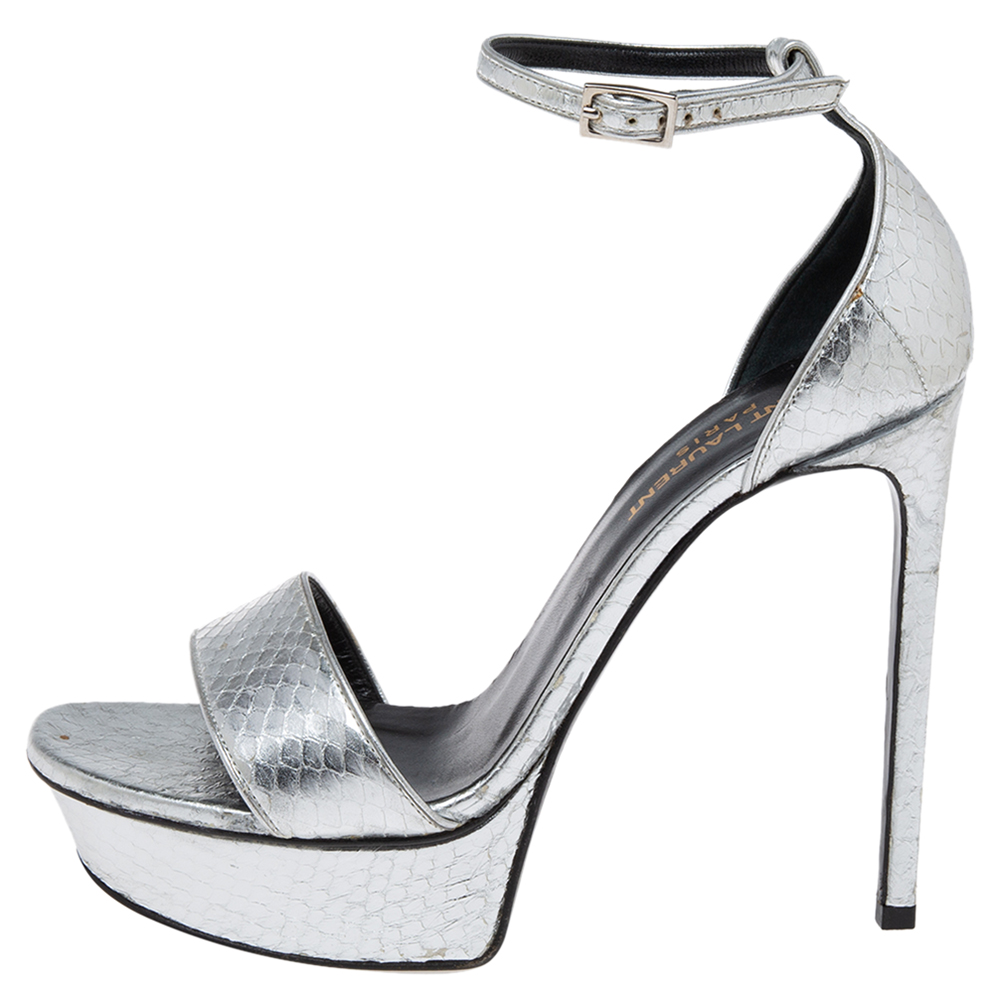 

Saint Laurent Silver Snakeskin Embossed Leather Platform Ankle Strap Sandals Size