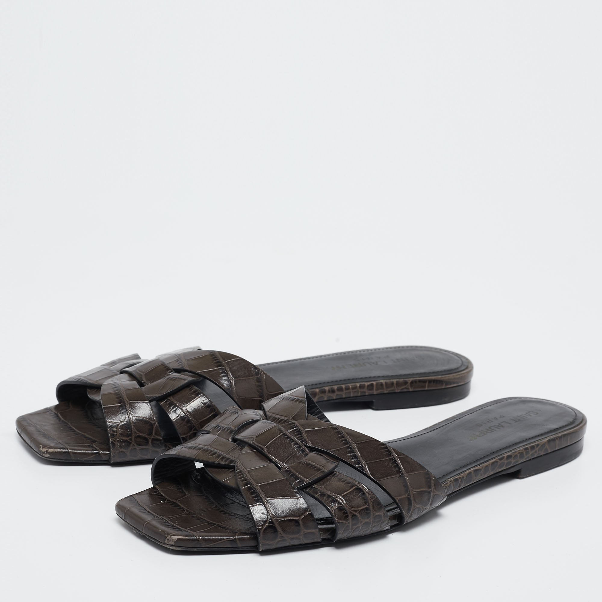 

Saint Laurent Paris Brown Croc Embossed Leather Tribute Flats Size