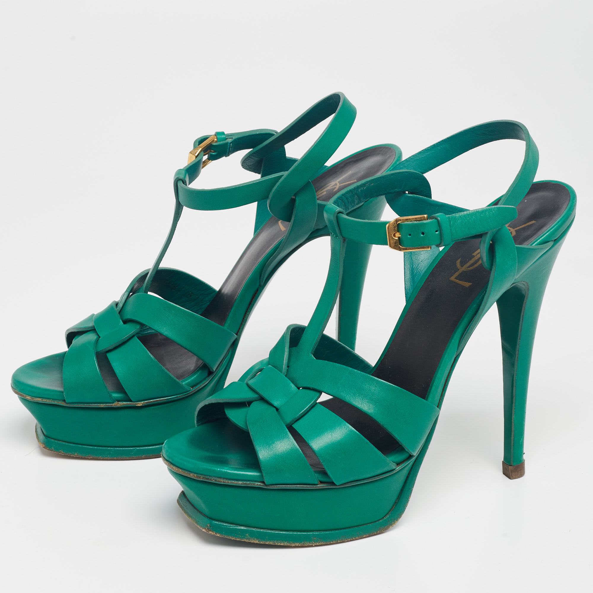 

Saint Laurent Green Leather Tribute Platform Sandals Size