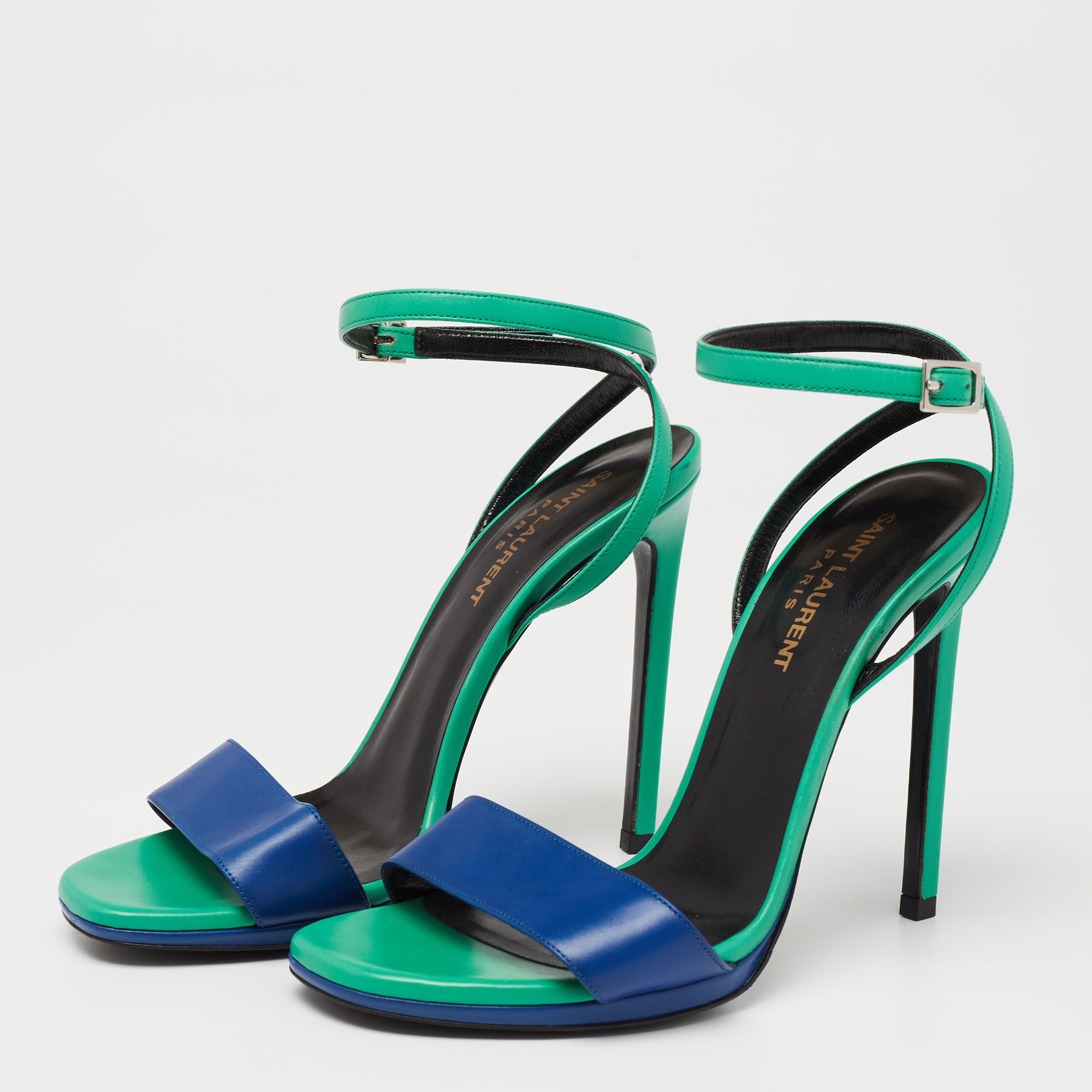 

Saint Laurent Green/Blue Leather Jane Ankle Strap Sandals Size